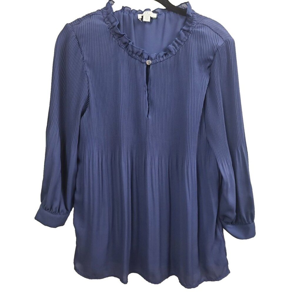 H Halston Womens Blouse Top XS Navy Blue Ruffle Collar Chiffon 3/4 Sleeve
